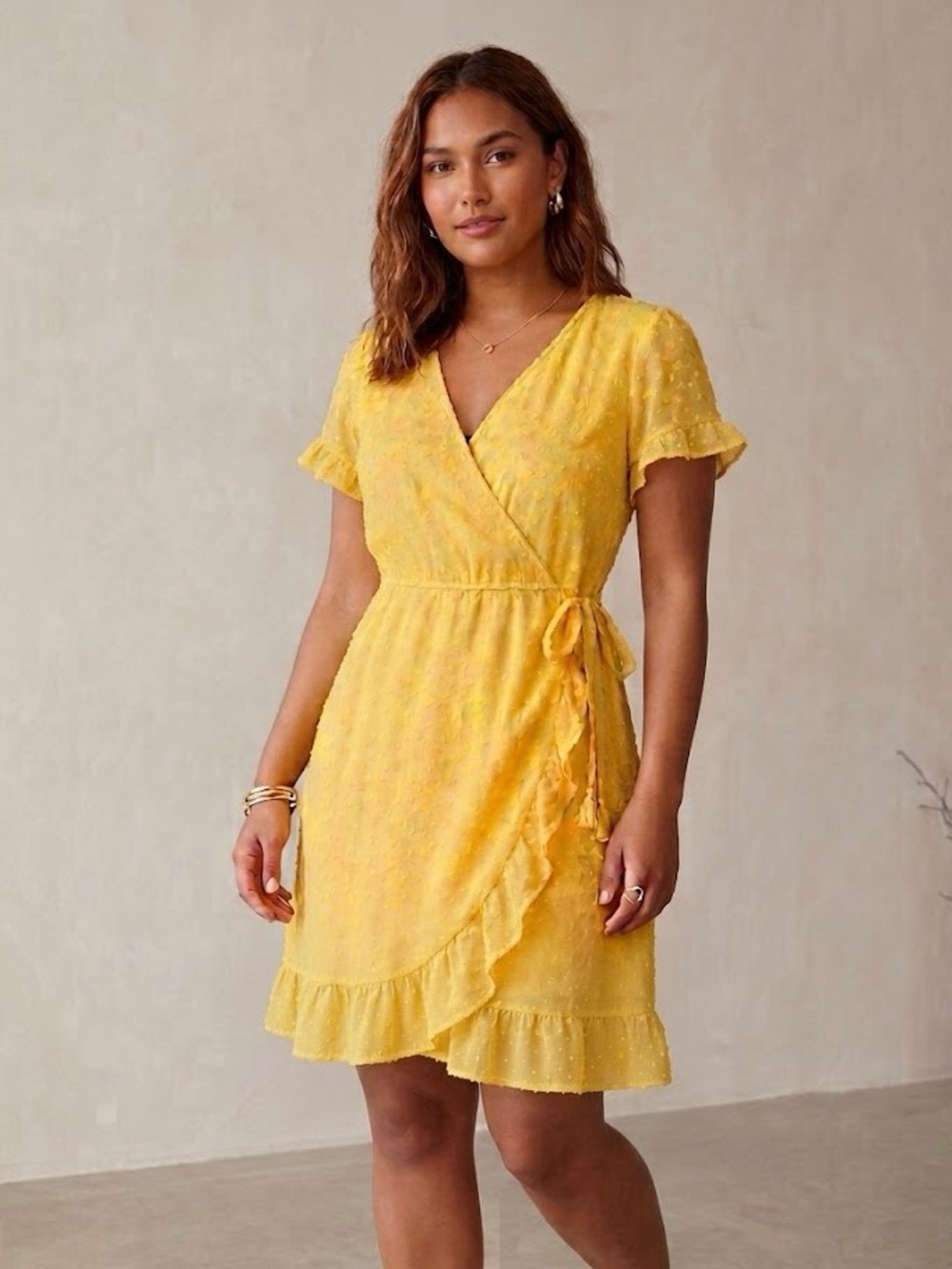 Ophelia Roe Yellow Swiss Dot Faux Wrap Ruffle Cottagecore Boho Chic Dress L